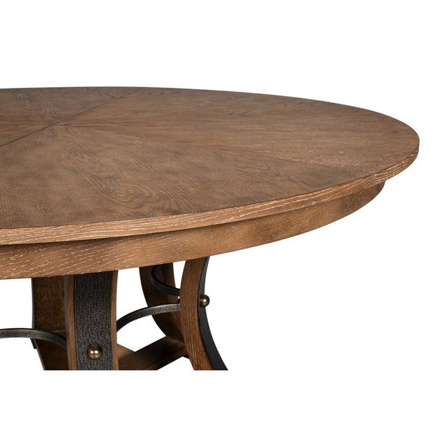 Large Round Dining Table in Light Brown Oak With Iron Base For Sale - Image 9 of 11