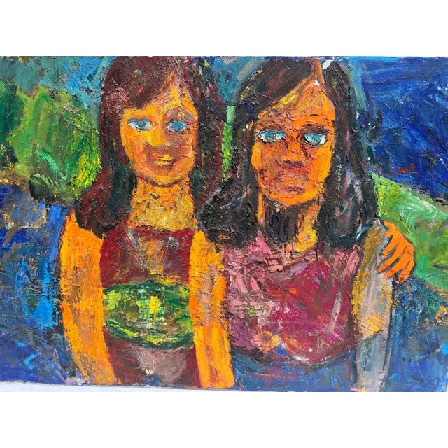 Vintage painting of a mother and daughter in oil painting on canvas. A very textured and chunky surface. Vibrant cobalt...