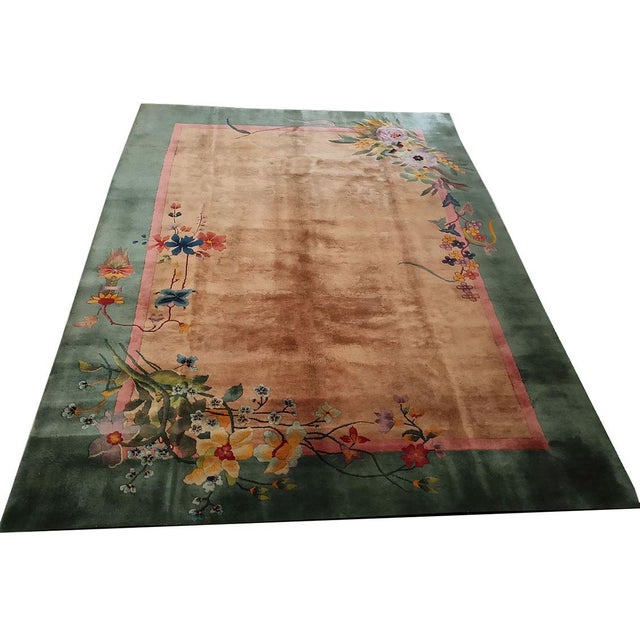 Chinese - Art Deco Ivory Room Size Rectangle 1920s Wool Antique Knotted Rug, Circa Date: 1920s. This exceptional piece...