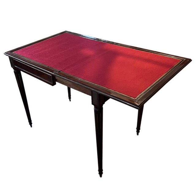 French Mahogany Card Table with Crimson Baize Game Surface and Brass Inlay, Mid-19th Century For Sale - Image 3 of 7