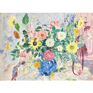 Samuel Rothbort, Large Bold Modernist Floral Bouquet Impasto Oil Painting Flowers Samuel Rothbort, c.1940's-1950's For Sale