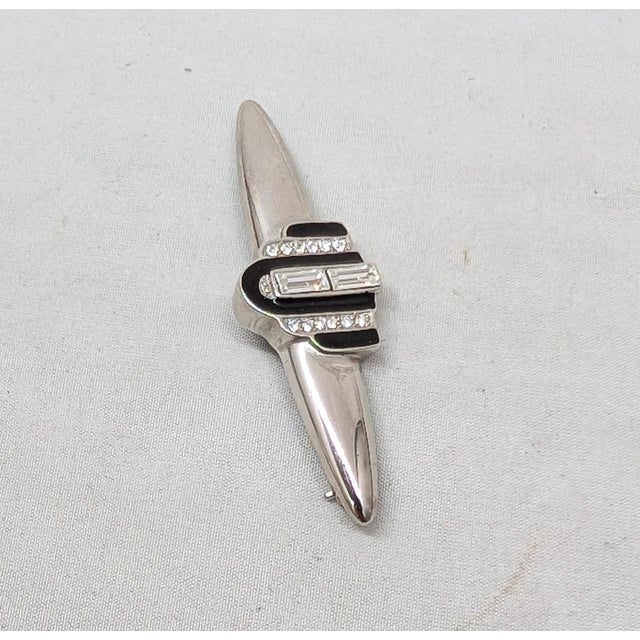 Vintage 1980s Signed Givenchy Art Deco Style Rhodium Black Enamel & Clear Rhinestone Brooch For Sale - Image 9 of 12