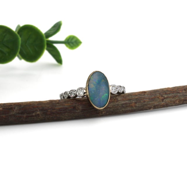 1ct, 11x7mm Australian Opal Ring W Natural Diamonds in 14k White and Yellow Gold For Sale - Image 4 of 7