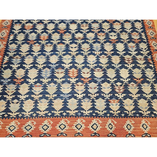 Vintage Kurdish Kilim Rug, Hand-Woven All-Over Paisley Pattern, Blue & Brick, 6x9 For Sale - Image 12 of 13