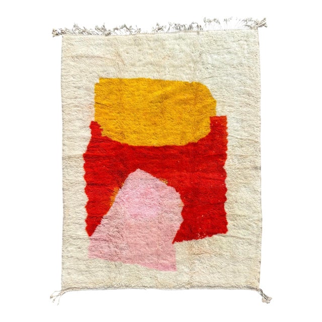 Contemporary Beni M'rirt Moroccan Wool Rug – Abstract Hand-Knotted Berber Carpet – Large Red Saffron Ivory Statement Rug For Sale