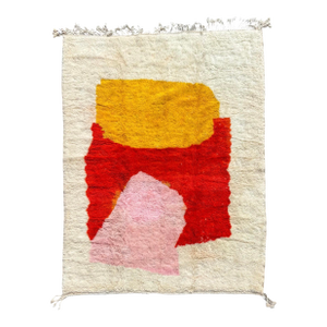 Contemporary Beni M'rirt Moroccan Wool Rug – Abstract Hand-Knotted Berber Carpet – Large Red Saffron Ivory Statement Rug