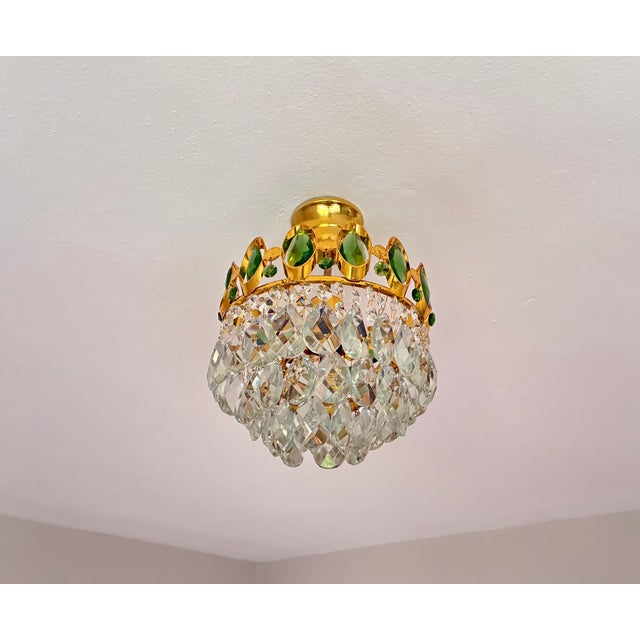 1960s French Brass Crown Chandelier – Rare Green & Clear Crystals For Sale - Image 4 of 14