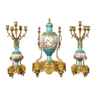 Late 19th Century French Ormolu-Mounted Turquoise Jeweled Sevres Porcelain Clock Set- 3 Pieces For Sale