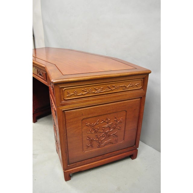 Vintage Chinese Bird Carved Hardwood Kneehole Writing Desk With Decorated Back For Sale - Image 13 of 18
