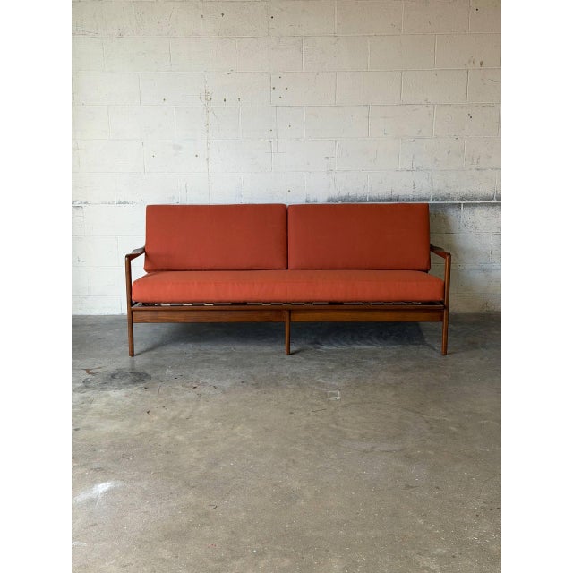 Mid-Century Modern In Style of Ib Kofod-Larsen for Selig Teak Sofa Newly Reupholstered Danish Mid-Century Modern 1960s For Sale - Image 3 of 13
