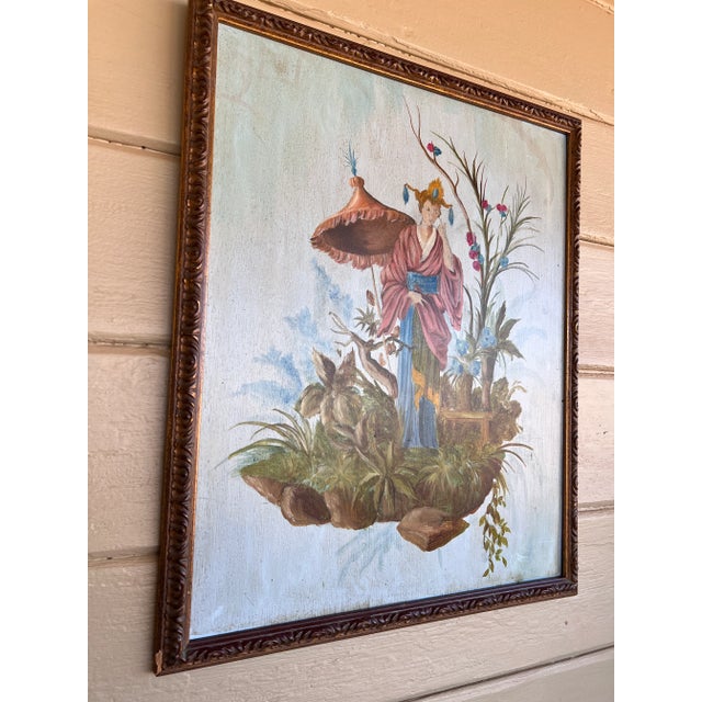 Chinoiserie Chinoiserie Chic Style Oil on Wood Painting of Women on the Floating Garden in Gilt Frame For Sale - Image 3 of 10