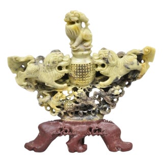 Vintage Chinese Carved Soapstone Foo Dog Figural Incense Burner Sculpture For Sale