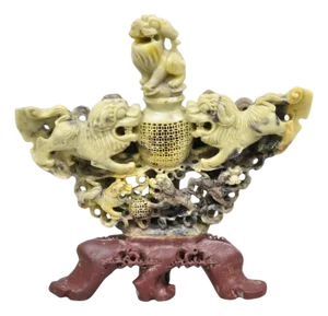 Vintage Chinese Carved Soapstone Foo Dog Figural Incense Burner Sculpture