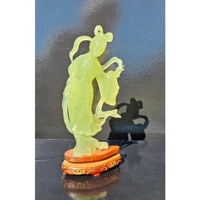 Mid 20th Century Chinese Apple Green Jade Carving Figurine of Young Woman With Wooden Stand For Sale - Image 4 of 5