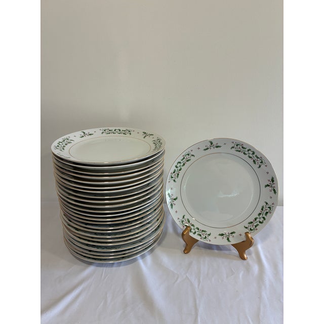 Ceramic Vintage Holly Berry Christmas Porcelain Dinner Plates, Set of 24 For Sale - Image 7 of 12