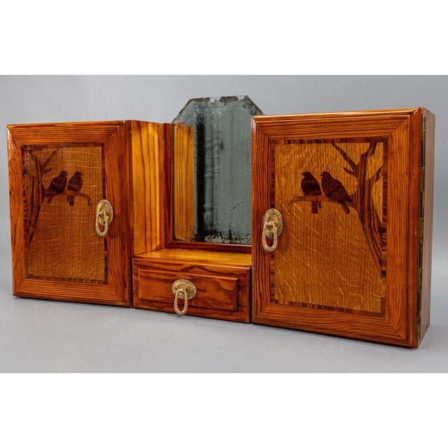 French Art Deco Pine Wood Wall Cabinet with Bird Marquetry & Mirror, 1930s For Sale - Image 14 of 18