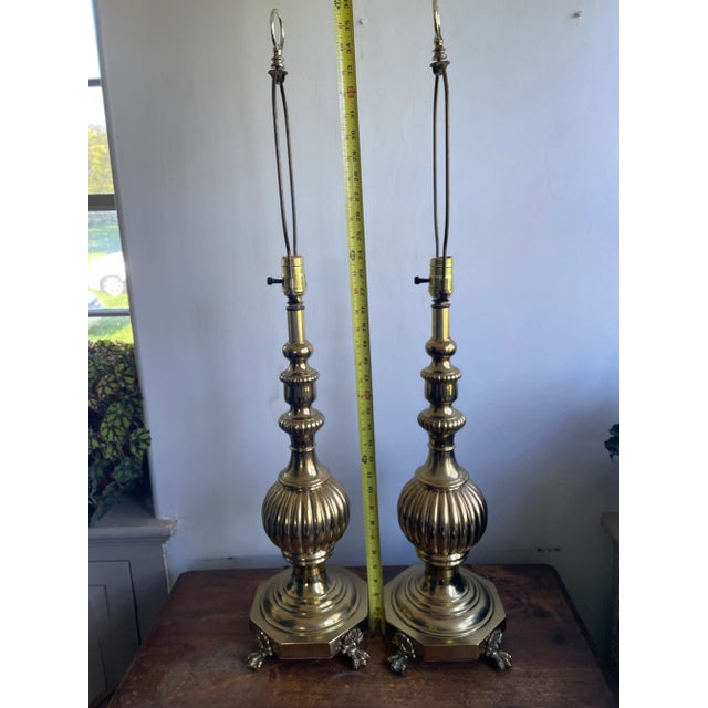 2 Fabulous Stiffel Mid Century Modern Table Lamps. These very heavy brass lamps each weigh 10 pounds! They have a stylized...