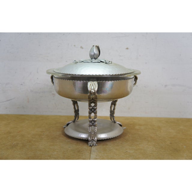 Late 20th Century Vintage Hammered Aluminum Chafing Dish Server W/ Pyrex Glass Insert Dogwood Legs For Sale - Image 5 of 14