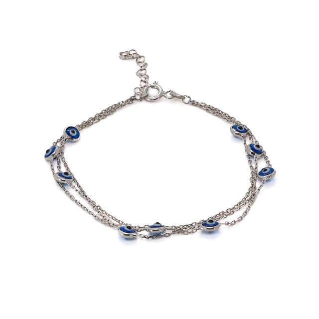 Silver Triple Chain Evil Eye Sterling Silver Bracelet For Sale - Image 8 of 8