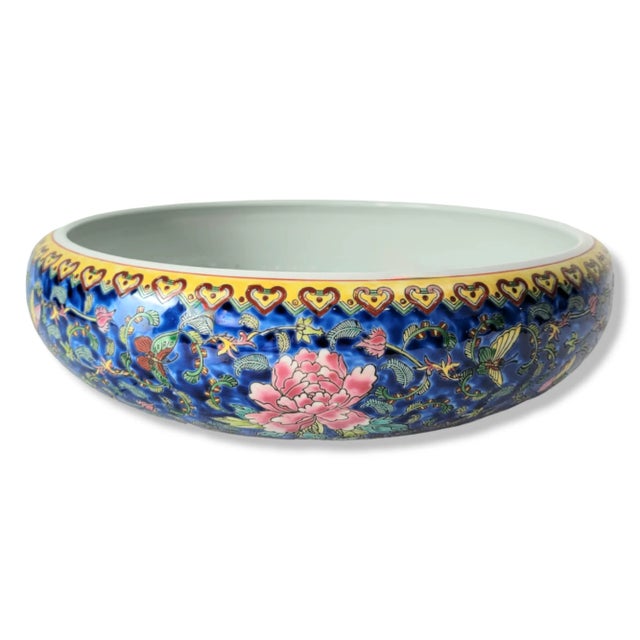 Vintage Jingdezhen Enamel Porcelain Bowl With Butterfly and Peony Motif, Chinese Art Pottery 14" For Sale - Image 13 of 13