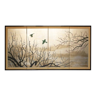 "Sakura and Mejiro Birds", 1970s Showa Era Japanese Byobu Screen For Sale