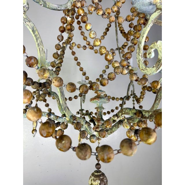 French Provincial French Provençal Painted Iron Chandelier With Wooden Bead Garlands For Sale - Image 3 of 6