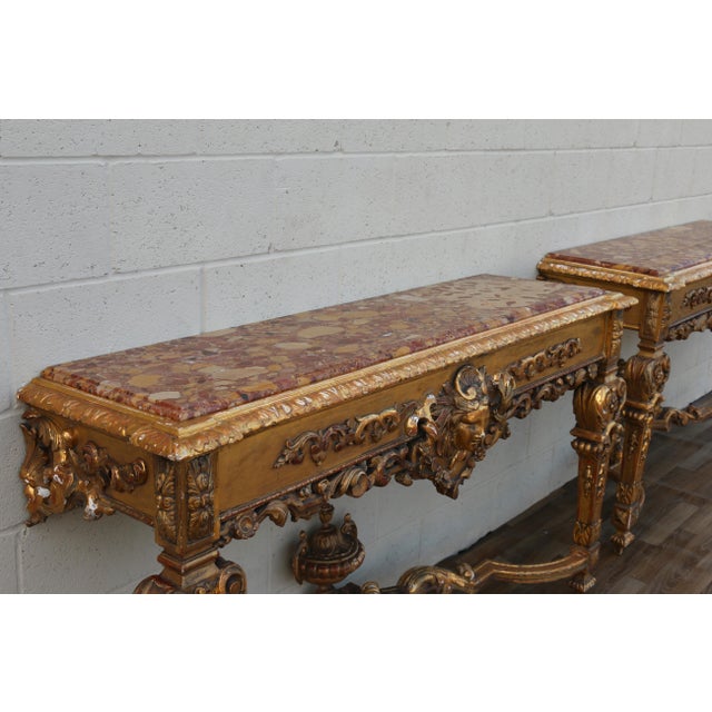 Antique Italian Baroque Giltwood Console Tables With Breccia Marble Tops | Pair | Circa 1900s For Sale - Image 4 of 18