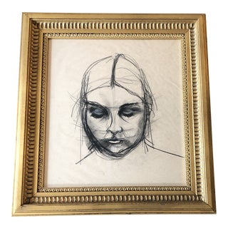 Original Vintage Art Deco Charcoal Female Portrait Study Drawing Vintage Frame For Sale