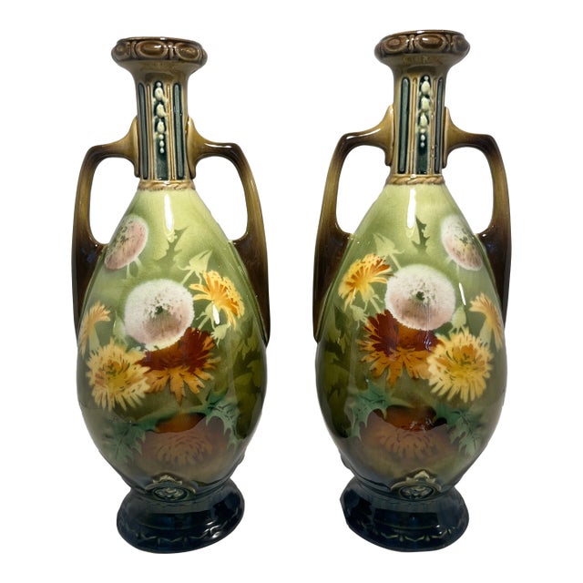 A Pair of Antique Art Nouveau Hand-Painted Ceramic Vases Dandelion Motif 12"h For Sale