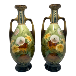 A Pair of Antique Art Nouveau Hand-Painted Ceramic Vases Dandelion Motif 12"h