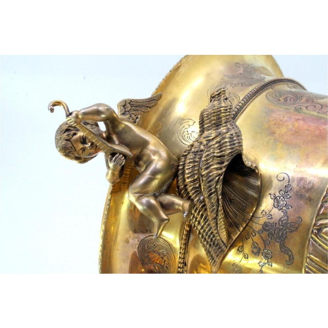 Silver Gilded Silver Urn with Fluted Lid, Engraved Vetelatistic Motifs, Angels and Pearl Frieze For Sale - Image 8 of 9