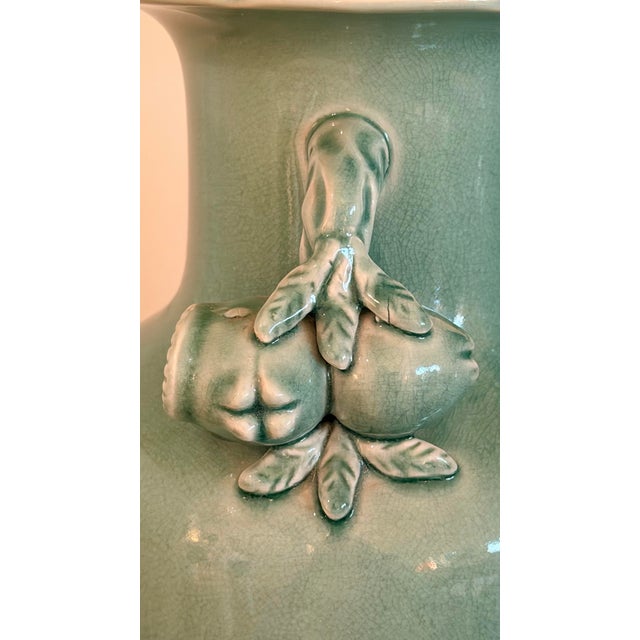 Ceramic Ralph Lauren Lamps Chinese Crackled Pottery Celadon With Pomegranate Handles -a Pair For Sale - Image 7 of 15