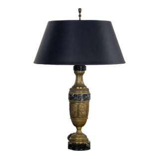 Early to Mid-20th Century Neoclassical Table Lamp Brass and Marble Urn Shaped Base Black Tapered Shade For Sale