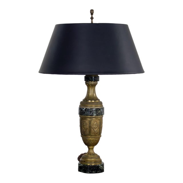 Early to Mid-20th Century Neoclassical Table Lamp Brass and Marble Urn Shaped Base Black Tapered Shade For Sale