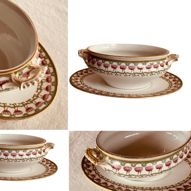 Arts & Crafts Exquisite Royal Worcester Grainger Sauce Tureen With Underplate - Egyptian Lotus Pattern (1889-1903) For Sale - Image 3 of 15