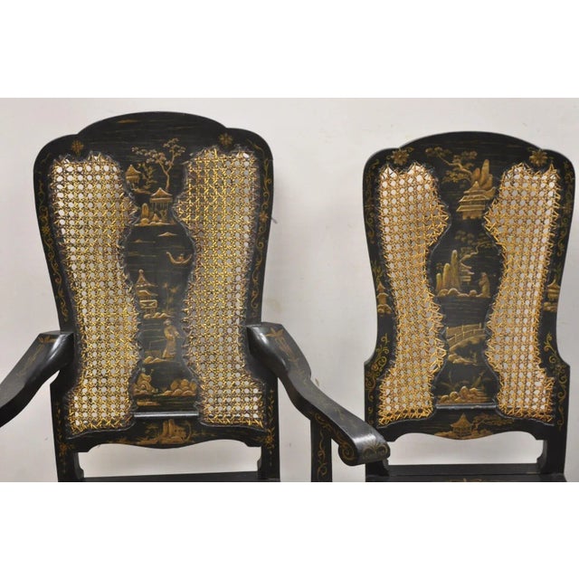 Chinoiserie Antique Chinoiserie Queen Anne Hand Painted Floral Cane Dining Chairs - Set of 4 For Sale - Image 3 of 12
