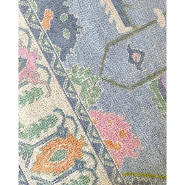 Modern Handknotted Oushak Rug in Shades of Blue & Green with Pops of Pink, 4' x 6' For Sale
