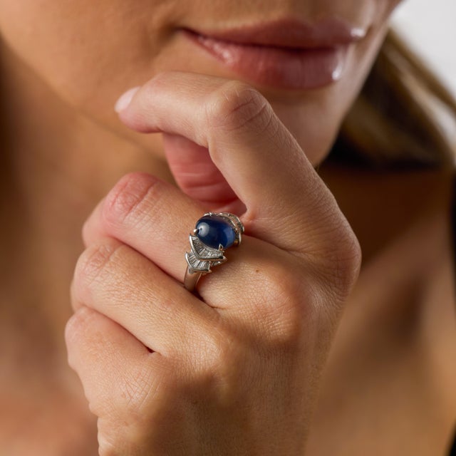 1990s Vintage Gia 3.83 Carat Sapphire Diamond Platinum Ring, Size 6.5 For Sale - Image 5 of 8