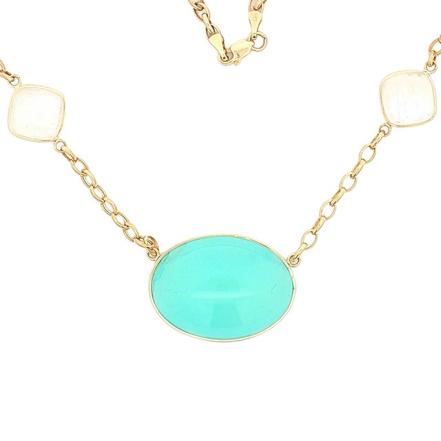 Contemporary 14k Gold Chalcedony and Moonstone Station Necklace For Sale - Image 3 of 3