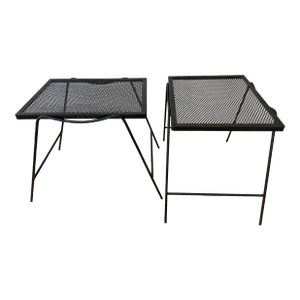 Mid 20th Century Pair of Vintage Rod Iron and Mesh Grate Top Side Tables - Newly Powder Coated