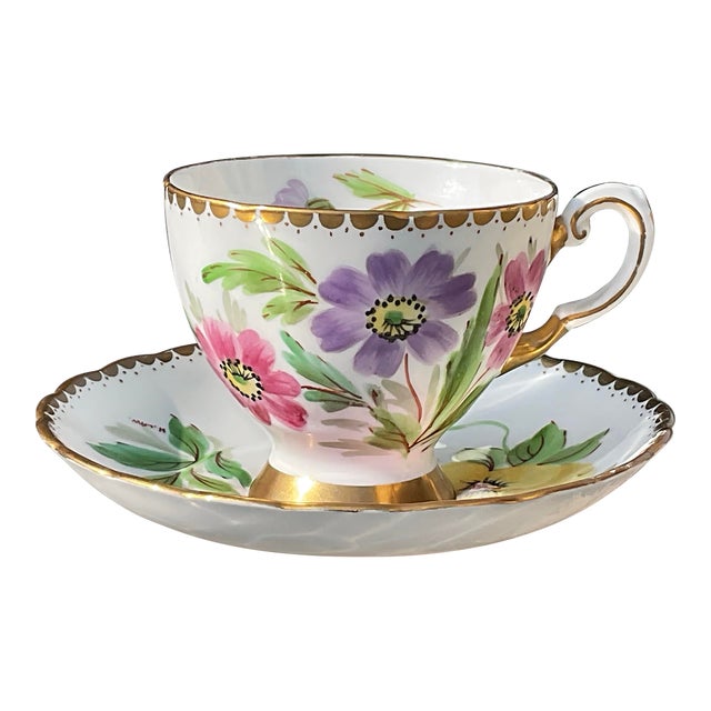 1940s Tuscan Hand Painted Signed by Artist Teacup and Saucer Made in England, Circa 1947 For Sale