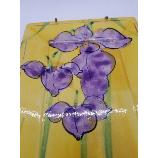 Art Nouveau 1970s Vintage Signed Hand Painted Iris Flowers on Red Art Pottery, Signed For Sale - Image 3 of 5
