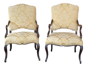 18th Century Pair of Louis XV Style Fauteuils With Carved Walnut Frames