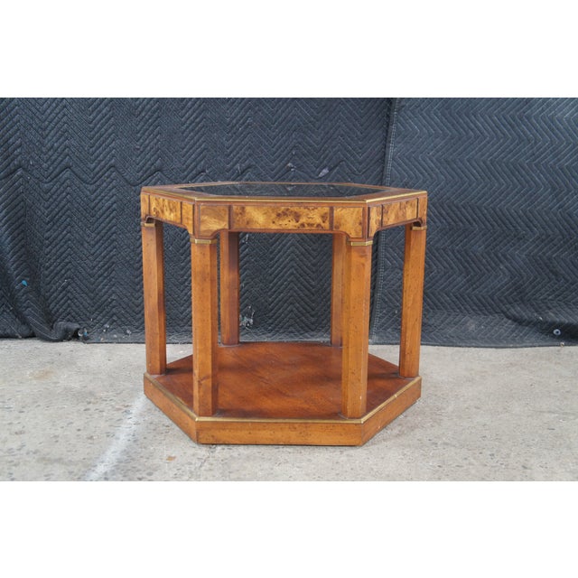 Vintage Walnut Burl Hexagon Side Accent Table W Glass Insert For Sale - Image 4 of 10