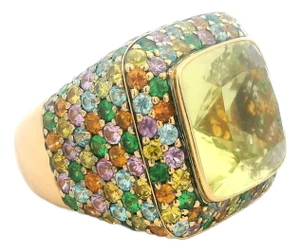 1980s Zorad Italian 18k Gold Citrine & Multi-Color Sapphire Statement Ring, Size 7.5