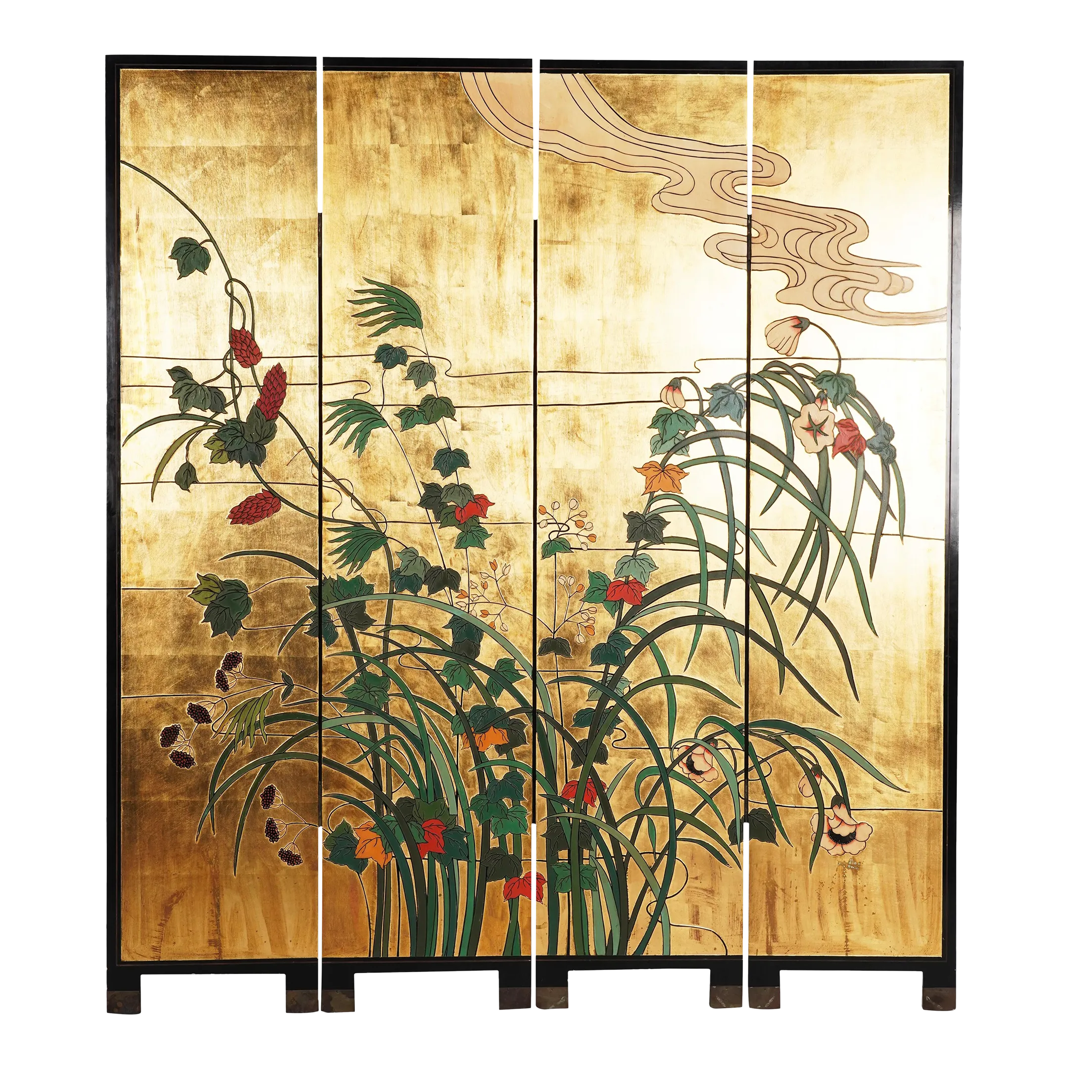 黒い4つ折り屏風 金色の花模様 Vintage Gold Leaf Lacquer Asian-Inspired Four-Panel Folding Screen