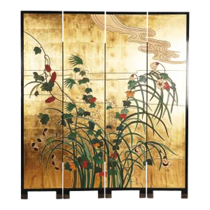 Vintage Gold Leaf Lacquer Asian-Inspired Four-Panel Folding Screen