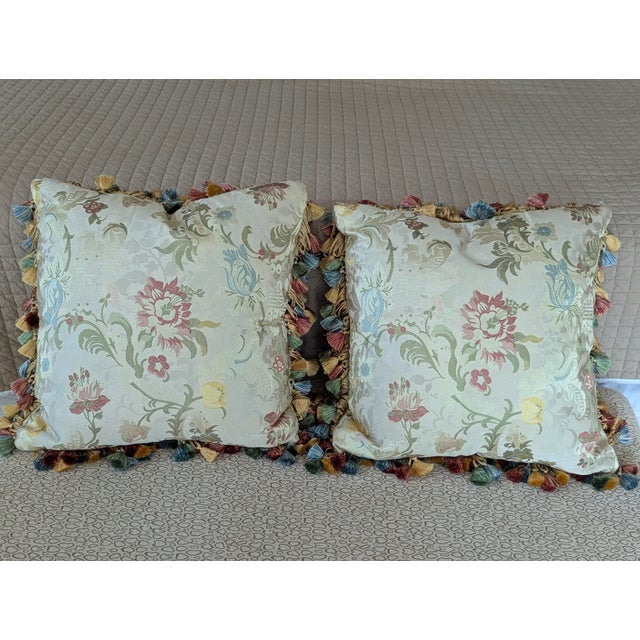 Custom Scalamandre Silk Floral Throw Pillows With Cord Work and Tassel Fringe For Sale - Image 12 of 13