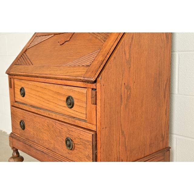 Antique English Art Deco Carved Oak Drop Front Secretary Desk With Leaded Glass Bookcase Hutch For Sale - Image 11 of 17