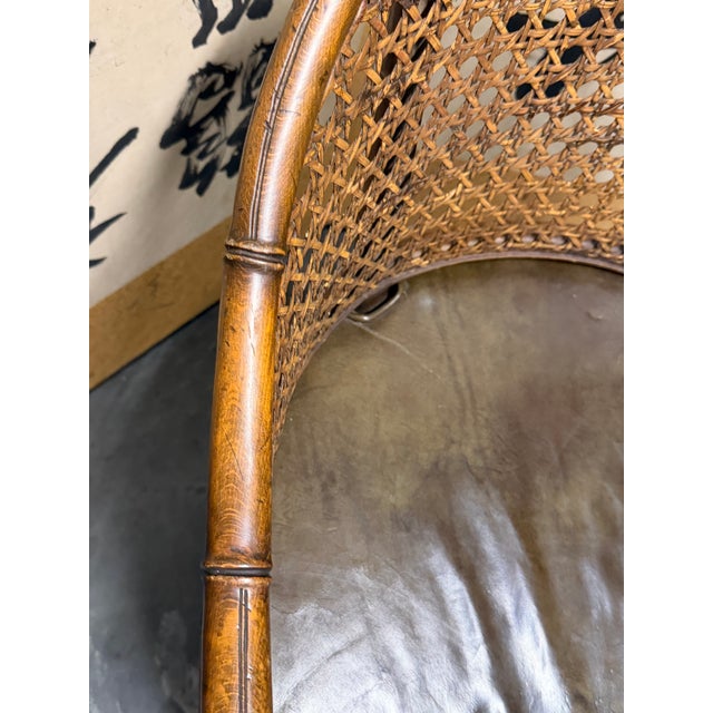 Mid-Century Faux Bamboo and Cane Barrel Back Chair With Leather Cushion For Sale - Image 10 of 11